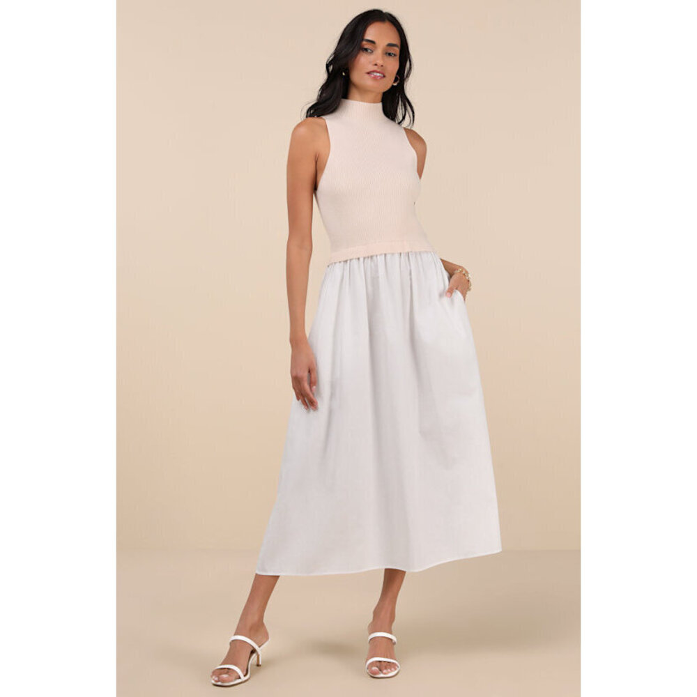 Lulus Confident Cues Ivory Two-tone Mixed Media Midi Dress White - Size L